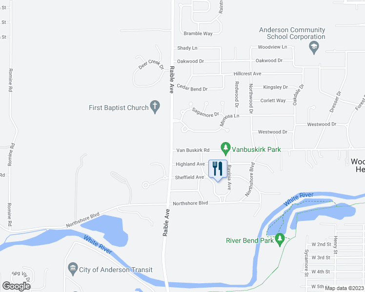 map of restaurants, bars, coffee shops, grocery stores, and more near 2416 Van Buskirk Road in Anderson