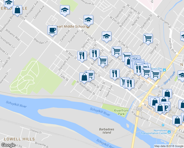 map of restaurants, bars, coffee shops, grocery stores, and more near 1010 West Main Street in Norristown
