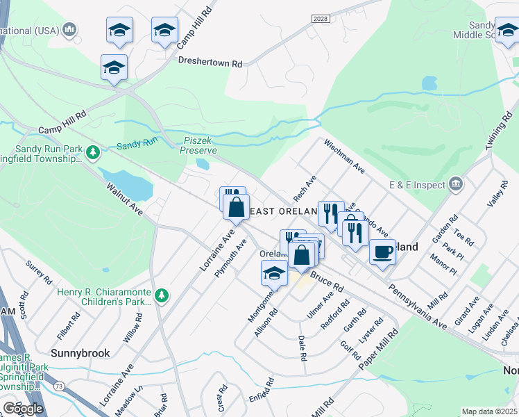 map of restaurants, bars, coffee shops, grocery stores, and more near 24 Ronald Circle in Oreland