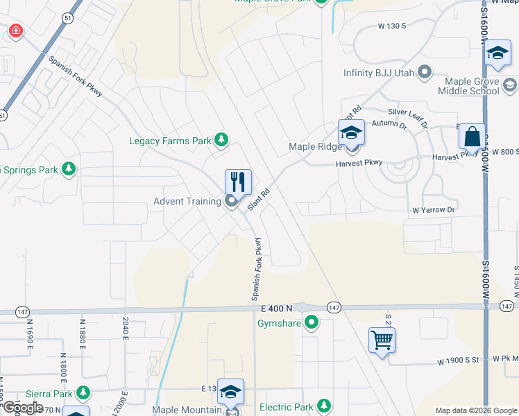 map of restaurants, bars, coffee shops, grocery stores, and more near 2567 East 830 North in Spanish Fork