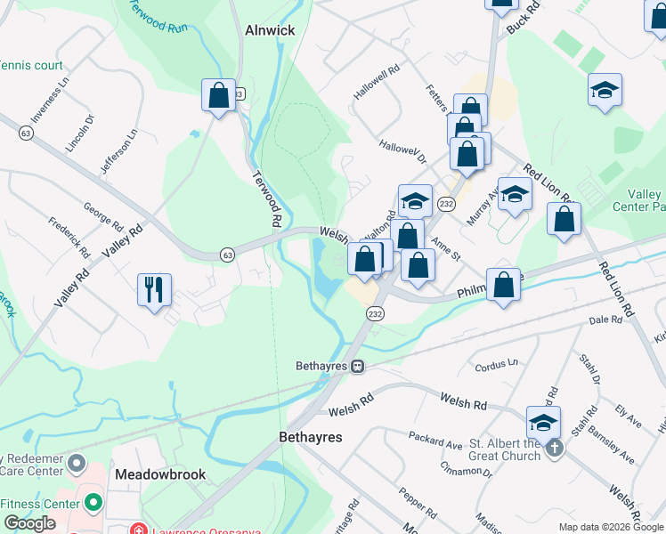 map of restaurants, bars, coffee shops, grocery stores, and more near 700 Welsh Road in Montgomery County