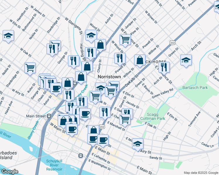 map of restaurants, bars, coffee shops, grocery stores, and more near in Norristown