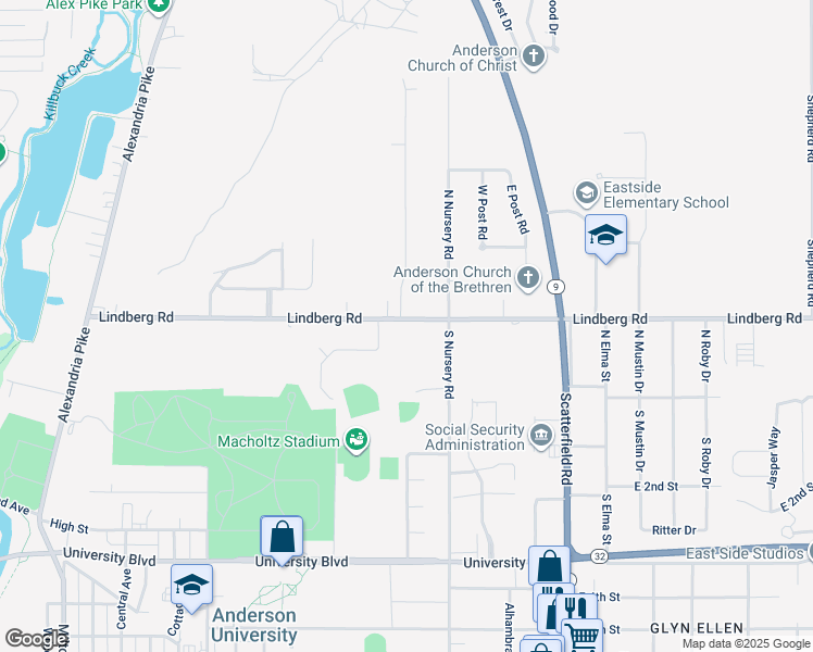 map of restaurants, bars, coffee shops, grocery stores, and more near 1611 Lindberg Road in Anderson