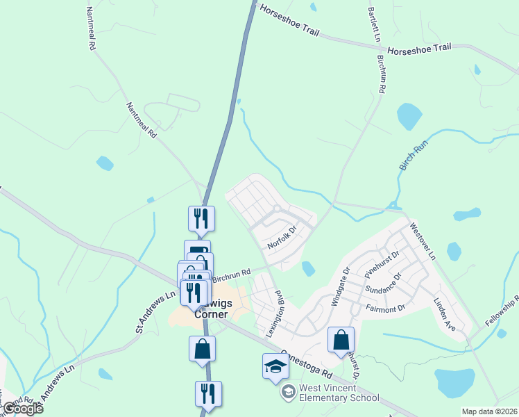 map of restaurants, bars, coffee shops, grocery stores, and more near 218 Hanover Court in Glenmoore