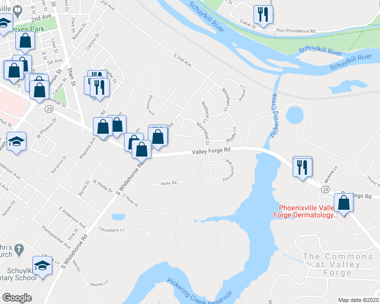 map of restaurants, bars, coffee shops, grocery stores, and more near 928 Valley Forge Road in Phoenixville