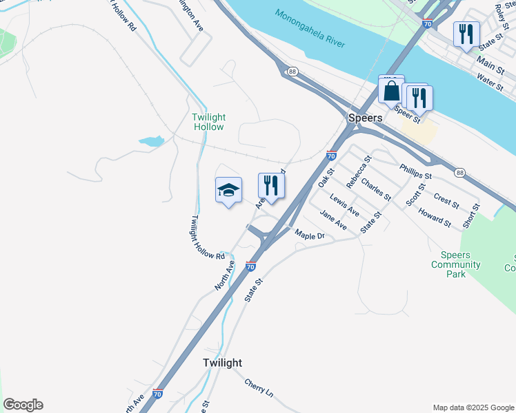 map of restaurants, bars, coffee shops, grocery stores, and more near 1 Guttman Avenue in Charleroi