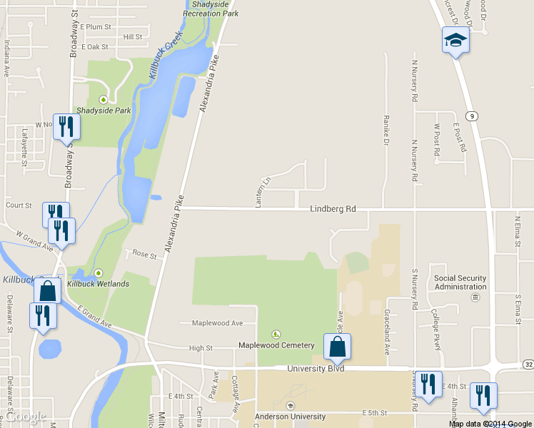 map of restaurants, bars, coffee shops, grocery stores, and more near 1115 Lindberg Road in Anderson