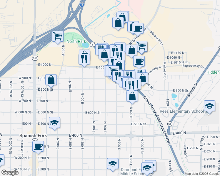 map of restaurants, bars, coffee shops, grocery stores, and more near 665 East 800 North Street in Spanish Fork