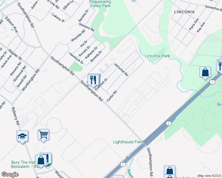 map of restaurants, bars, coffee shops, grocery stores, and more near 15021 Milford Street in Philadelphia