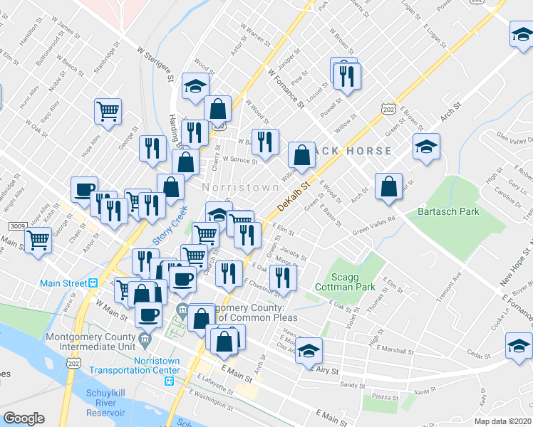 map of restaurants, bars, coffee shops, grocery stores, and more near 1006 Willow Street in Norristown