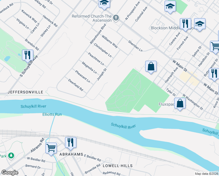 map of restaurants, bars, coffee shops, grocery stores, and more near 108 River Brook Circle in Norristown