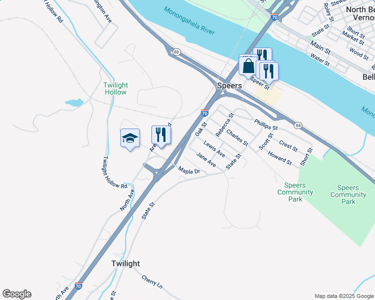 map of restaurants, bars, coffee shops, grocery stores, and more near 829 Jane Avenue in Charleroi