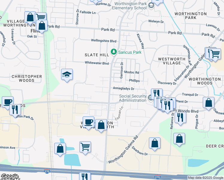 map of restaurants, bars, coffee shops, grocery stores, and more near 837 Annagladys Drive in Columbus