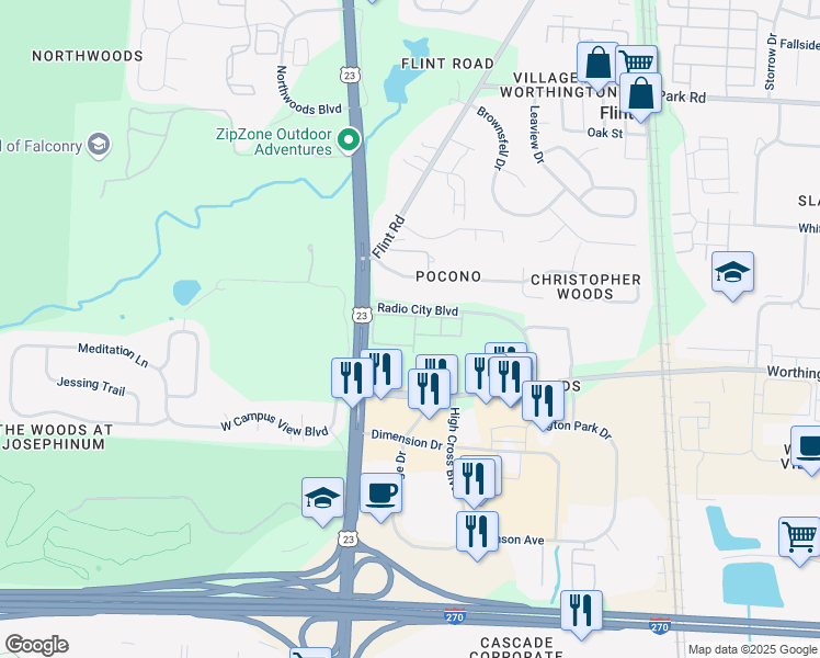 map of restaurants, bars, coffee shops, grocery stores, and more near 143 Radio City Boulevard in Columbus