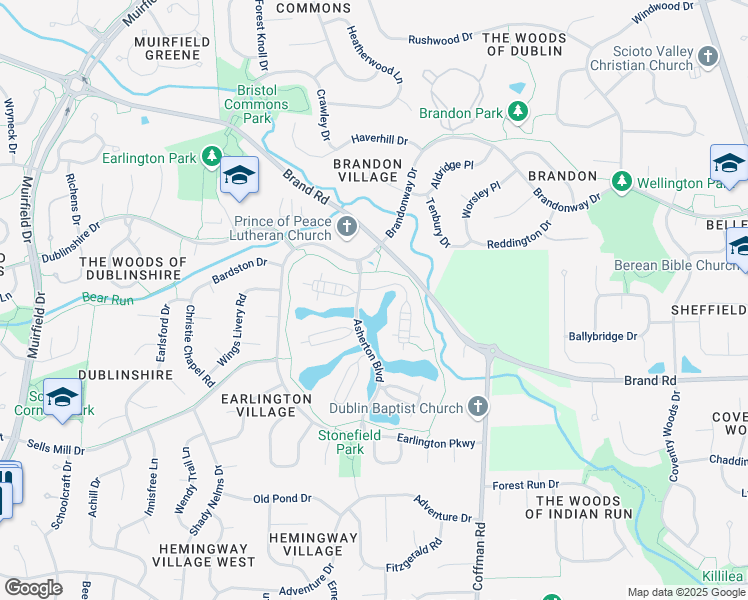 map of restaurants, bars, coffee shops, grocery stores, and more near 5403 Asherbrand Lane in Dublin