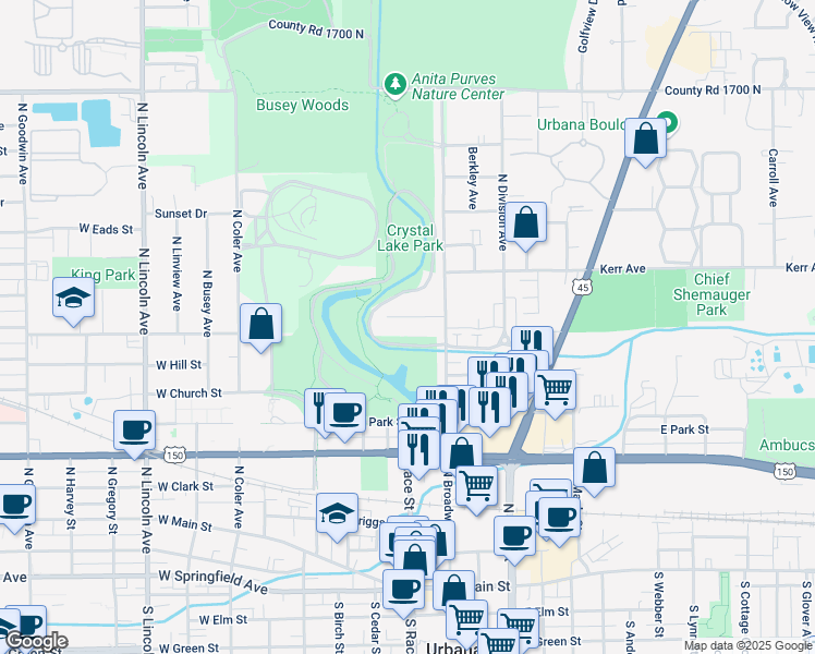 map of restaurants, bars, coffee shops, grocery stores, and more near 111 Franklin Street in Urbana