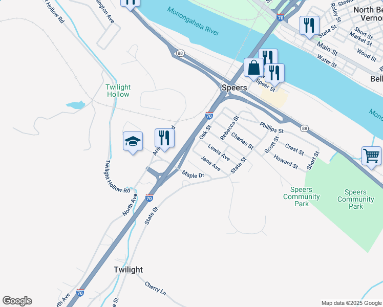 map of restaurants, bars, coffee shops, grocery stores, and more near 829 Jane Avenue in Charleroi