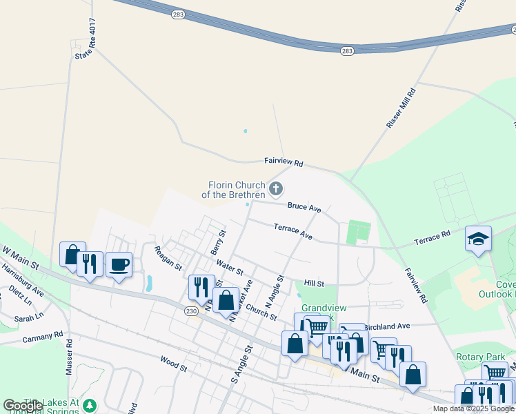map of restaurants, bars, coffee shops, grocery stores, and more near 530 North Plum Street in Mount Joy