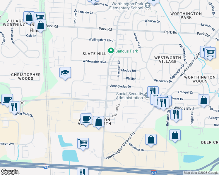 map of restaurants, bars, coffee shops, grocery stores, and more near 837 Annagladys Drive in Columbus