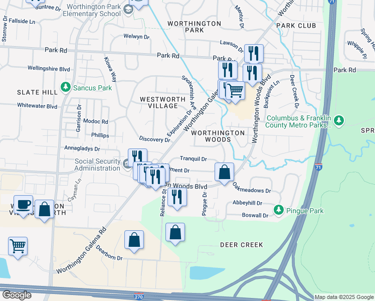 map of restaurants, bars, coffee shops, grocery stores, and more near 1213 Serenity Lane in Columbus