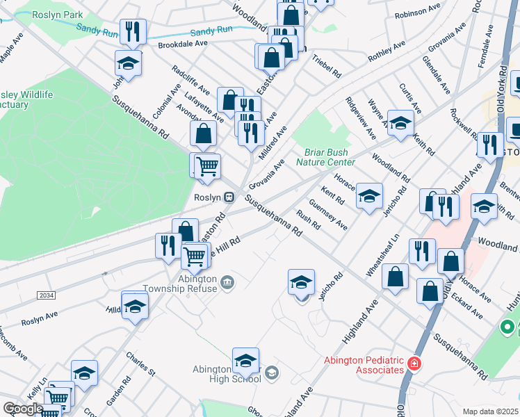 map of restaurants, bars, coffee shops, grocery stores, and more near 1099 Tyson Avenue in Abington