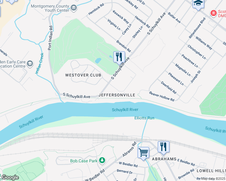 map of restaurants, bars, coffee shops, grocery stores, and more near 136 Riversedge Drive in Norristown