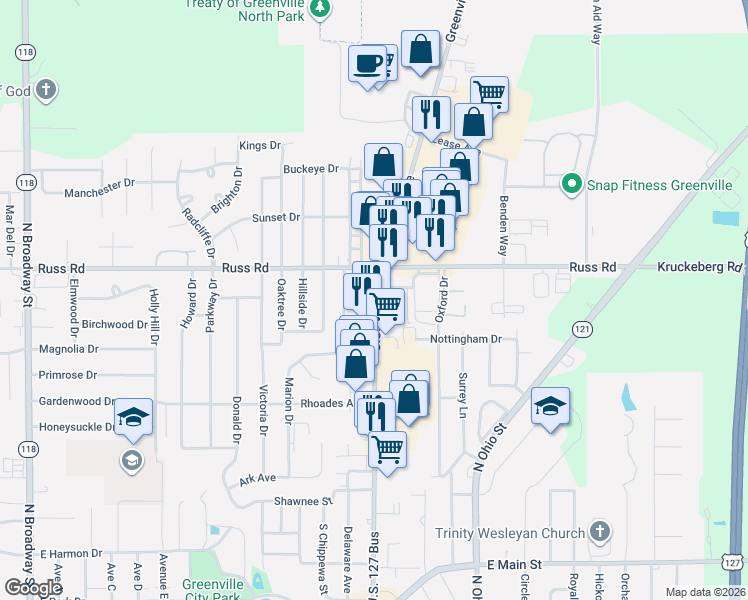 map of restaurants, bars, coffee shops, grocery stores, and more near 684 Wagner Avenue in Greenville