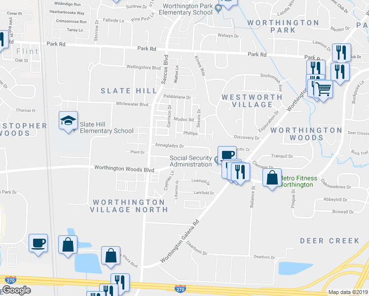 map of restaurants, bars, coffee shops, grocery stores, and more near 913 Annagladys Drive in Columbus