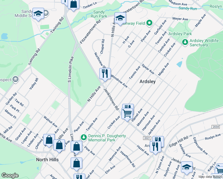 map of restaurants, bars, coffee shops, grocery stores, and more near 614 Garfield Avenue in Glenside