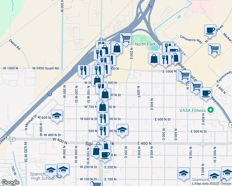 map of restaurants, bars, coffee shops, grocery stores, and more near 827 North 100 East in Spanish Fork