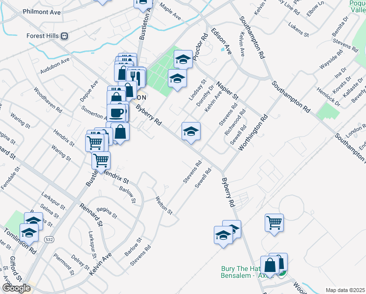 map of restaurants, bars, coffee shops, grocery stores, and more near 1000 Byberry Road in Philadelphia