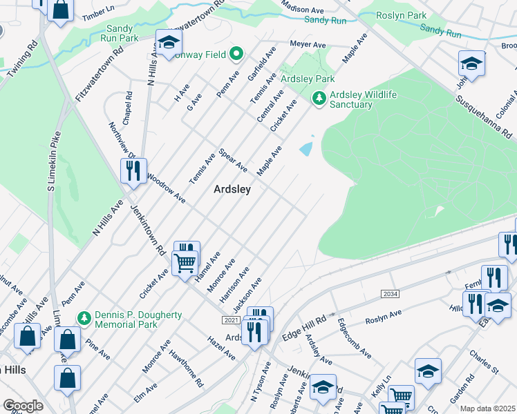 map of restaurants, bars, coffee shops, grocery stores, and more near 766 Monroe Avenue in Glenside