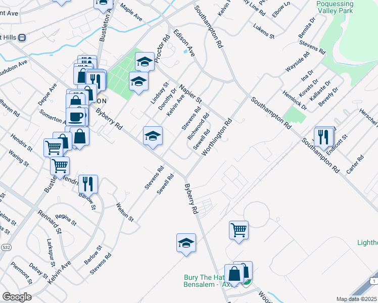 map of restaurants, bars, coffee shops, grocery stores, and more near 13018 Sewell Road in Philadelphia