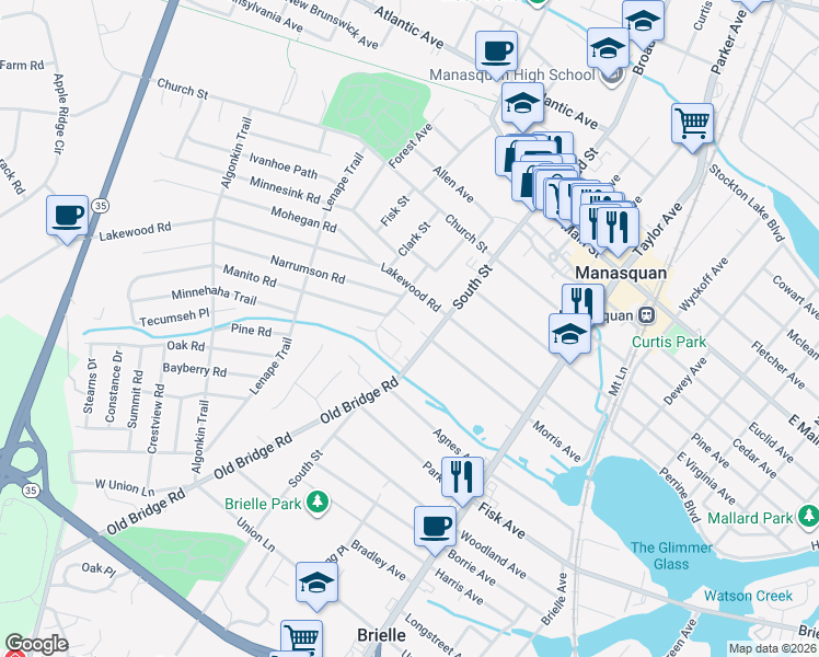 map of restaurants, bars, coffee shops, grocery stores, and more near 11 Acpoan Place in Manasquan