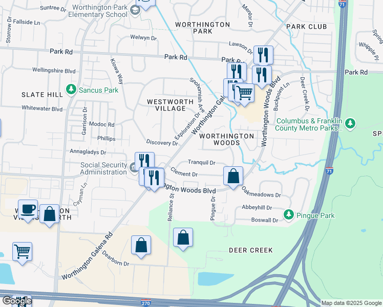 map of restaurants, bars, coffee shops, grocery stores, and more near 1213 Serenity Lane in Columbus
