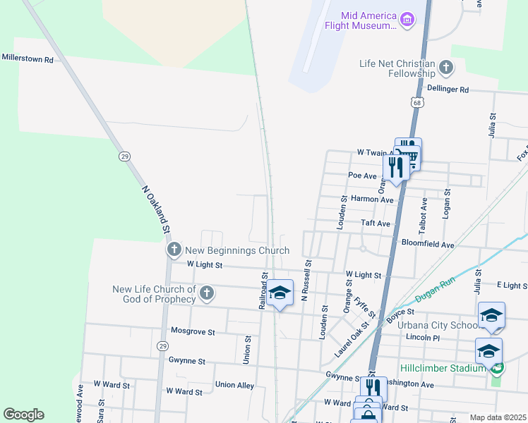map of restaurants, bars, coffee shops, grocery stores, and more near 107 Richmond Street in Urbana