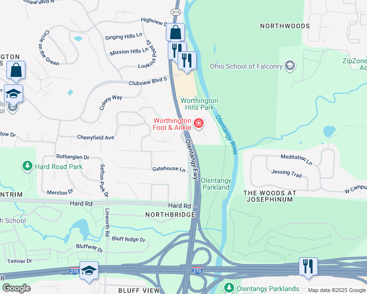 map of restaurants, bars, coffee shops, grocery stores, and more near 7647 Olentangy River Road in Columbus