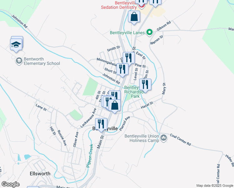 map of restaurants, bars, coffee shops, grocery stores, and more near 833 Main Street in Bentleyville
