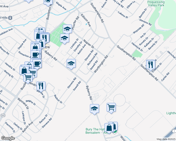 map of restaurants, bars, coffee shops, grocery stores, and more near 13018 Sewell Road in Philadelphia