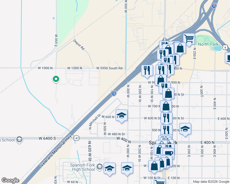 map of restaurants, bars, coffee shops, grocery stores, and more near U.S. 6 in Spanish Fork