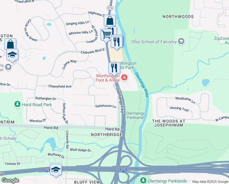 map of restaurants, bars, coffee shops, grocery stores, and more near 7647 Olentangy River Road in Columbus