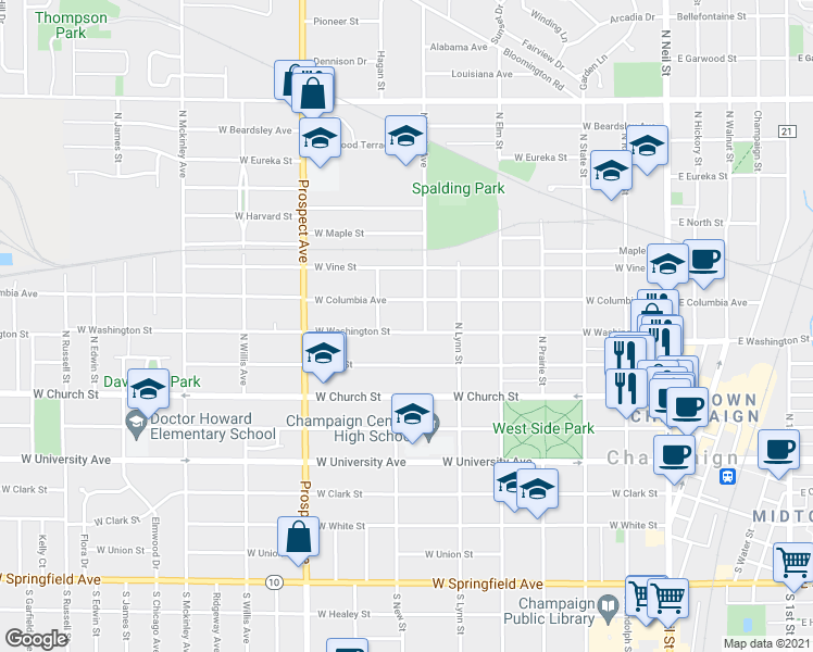 map of restaurants, bars, coffee shops, grocery stores, and more near 708 West Washington Street in Champaign