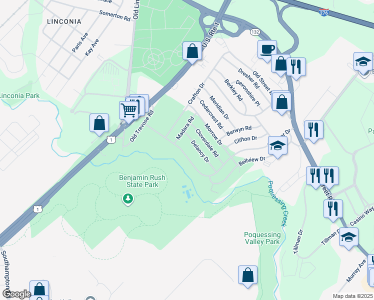 map of restaurants, bars, coffee shops, grocery stores, and more near 3711 Windsor Drive in Bensalem