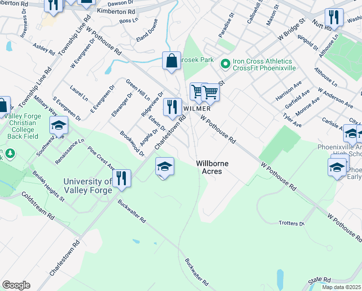 map of restaurants, bars, coffee shops, grocery stores, and more near 8 Rosewood Lane in Phoenixville