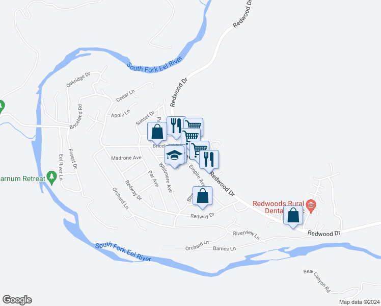 map of restaurants, bars, coffee shops, grocery stores, and more near in Redway