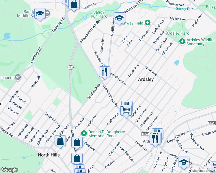 map of restaurants, bars, coffee shops, grocery stores, and more near 614 Garfield Avenue in Glenside