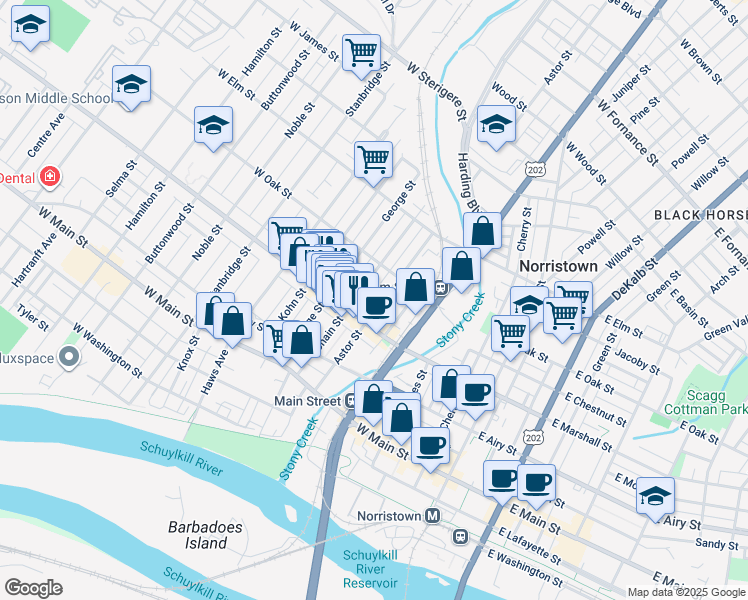 map of restaurants, bars, coffee shops, grocery stores, and more near 629 Astor Street in Norristown