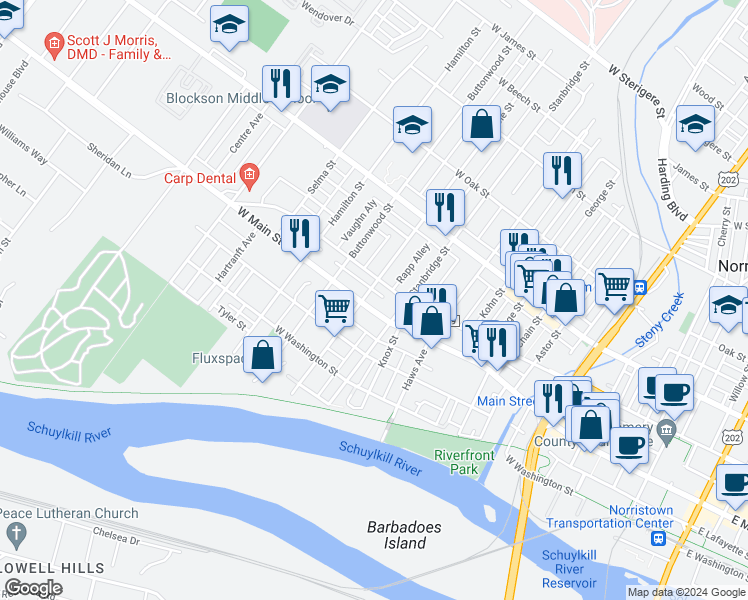 map of restaurants, bars, coffee shops, grocery stores, and more near 1003 West Main Street in Norristown
