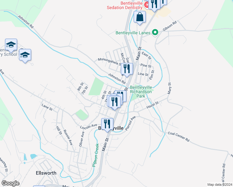 map of restaurants, bars, coffee shops, grocery stores, and more near 833 Main Street in Bentleyville