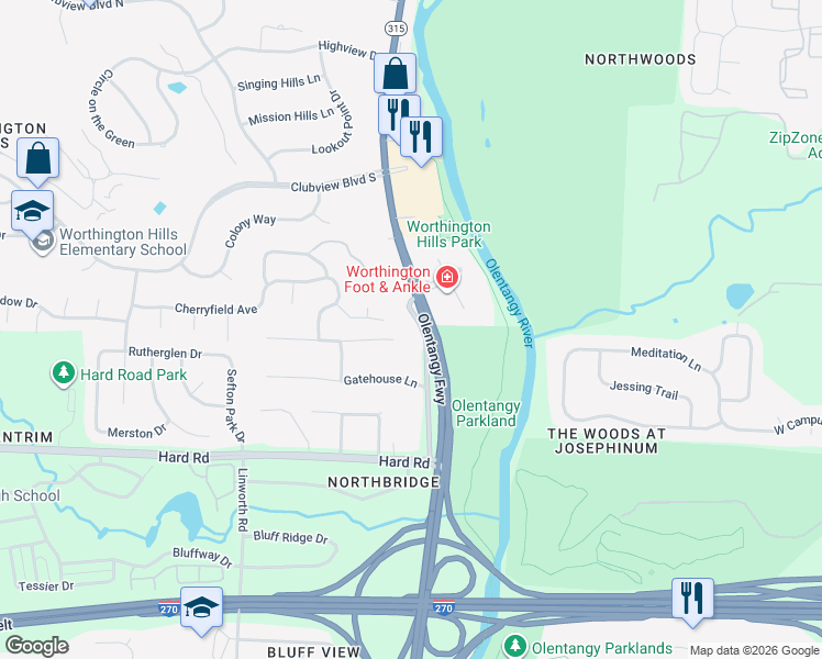 map of restaurants, bars, coffee shops, grocery stores, and more near 7647 Olentangy River Road in Columbus